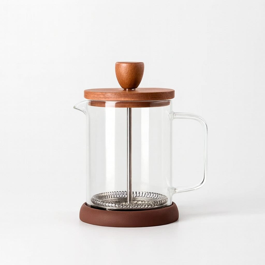 Cafetera Prensa Francesa de Vidrio de Borosilicato con Tapa de Madera de Nogal
