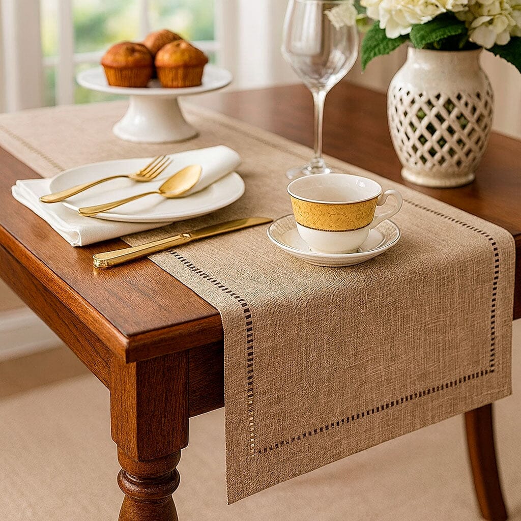 Camino de Mesa de Lino Minimalista con Detalle Calado