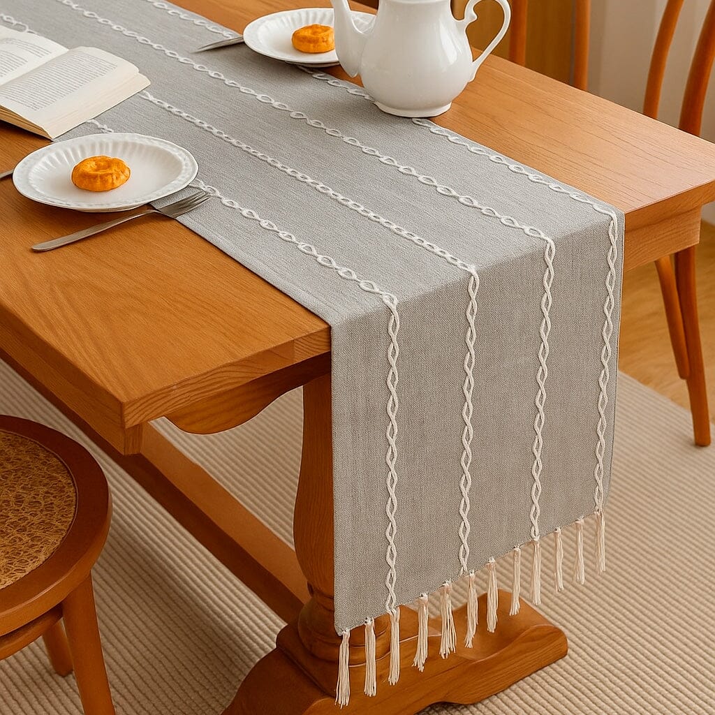 Camino De Mesa De Lino Natural Con Acabado Artesanal