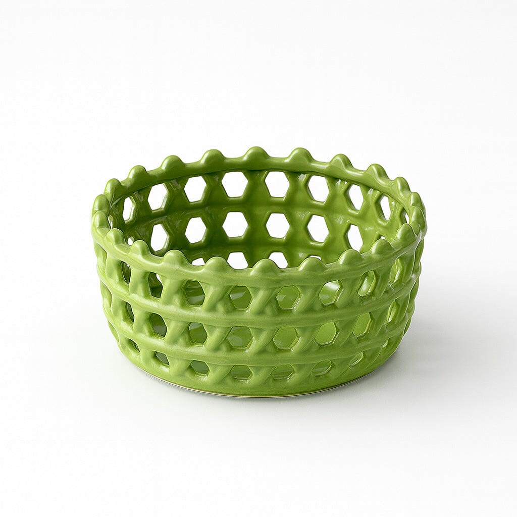 Cesta Decorativa de Cerámica Calada con Diseño Artesanal