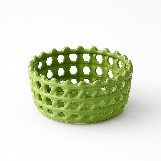 Cesta Decorativa de Cerámica Calada con Diseño Artesanal Hover Image