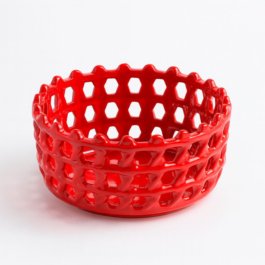Cesta Decorativa de Cerámica Calada con Diseño Artesanal