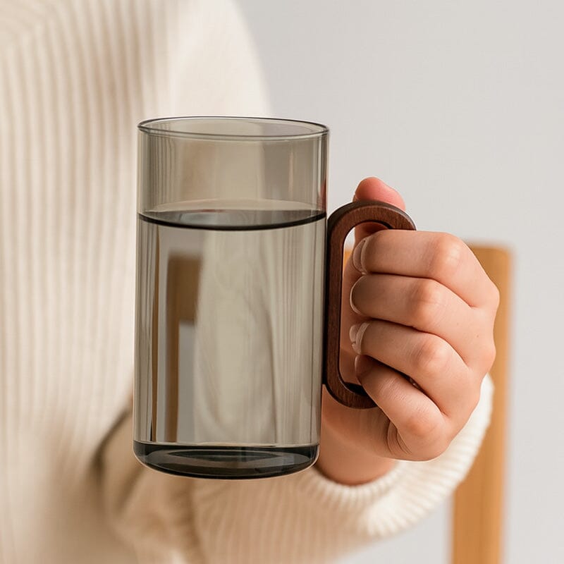 Conjunto De Vasos De Vidrio Ahumado Con Asa De Madera 4 Piezas 360 ml