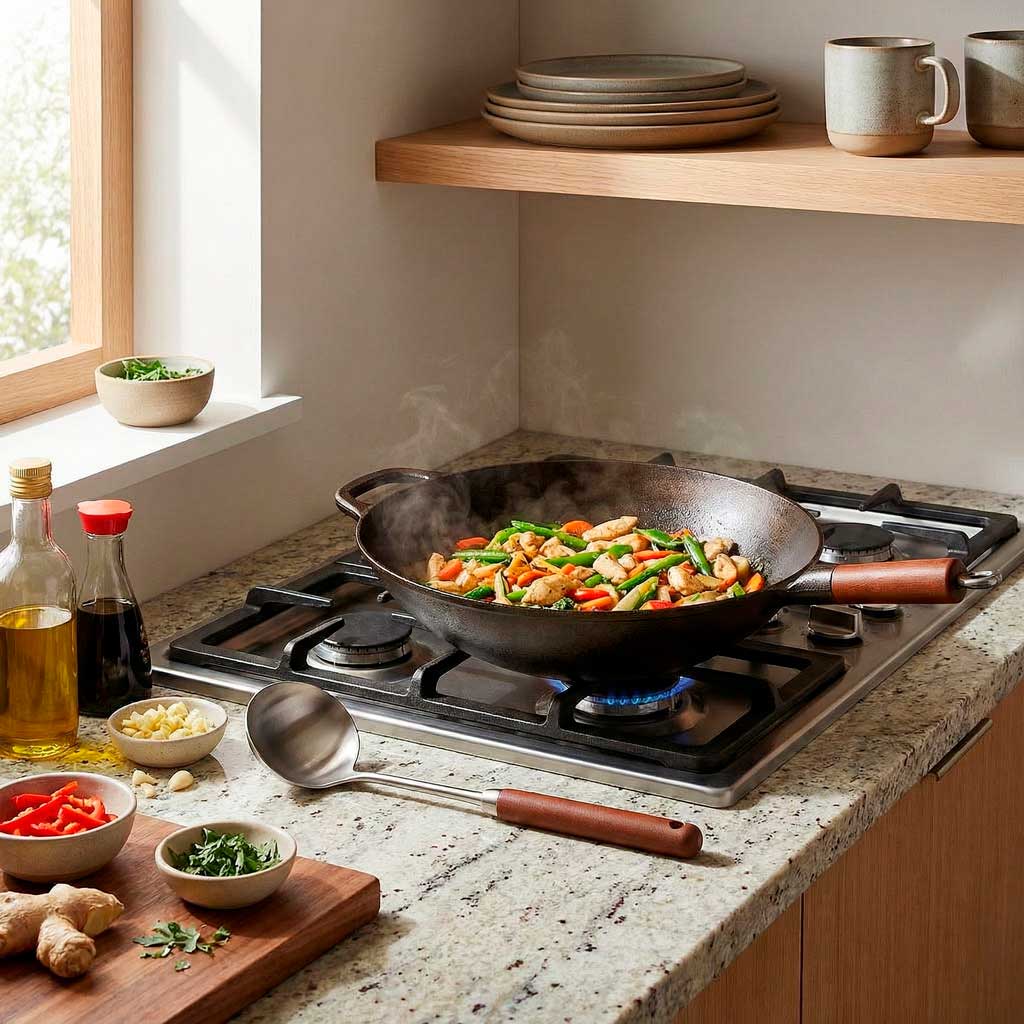 Cuchara para Wok de Acero Inoxidable con Mango de Madera