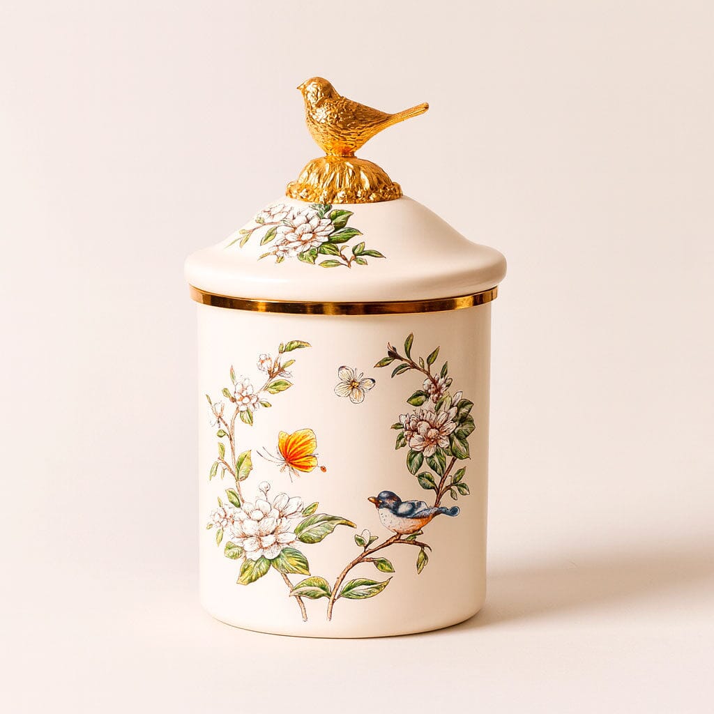 Frasco Decorativo de Cerámica con Tapa y Detalle Dorado