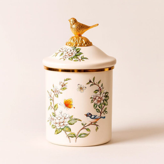 Frasco Decorativo de Cerámica con Tapa y Detalle Dorado Hover Image