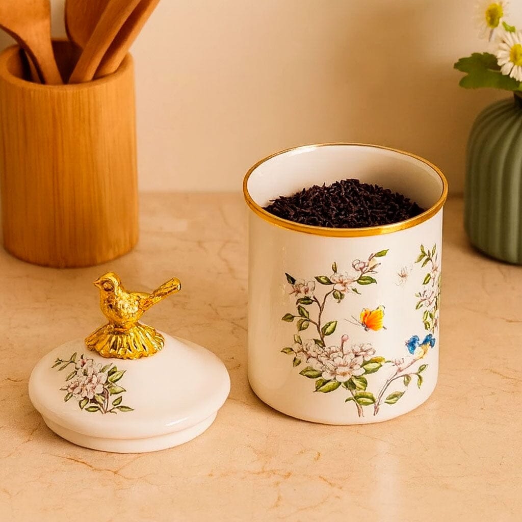 Frasco Decorativo de Cerámica con Tapa y Detalle Dorado