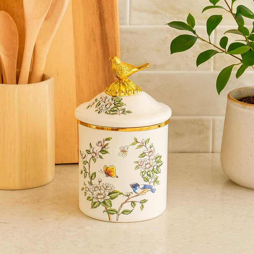 Frasco Decorativo de Cerámica con Tapa y Detalle Dorado