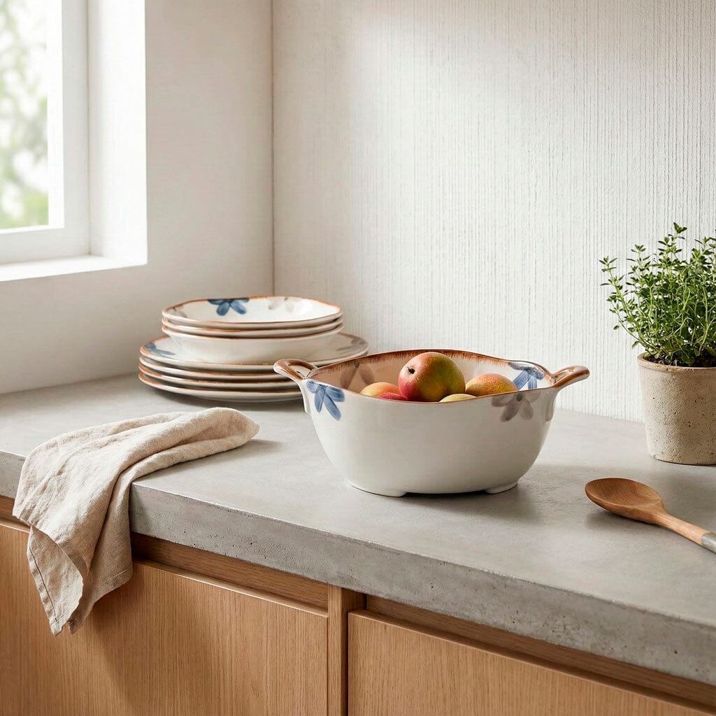 Fuente de Cerámica Floral con Asas Laterales