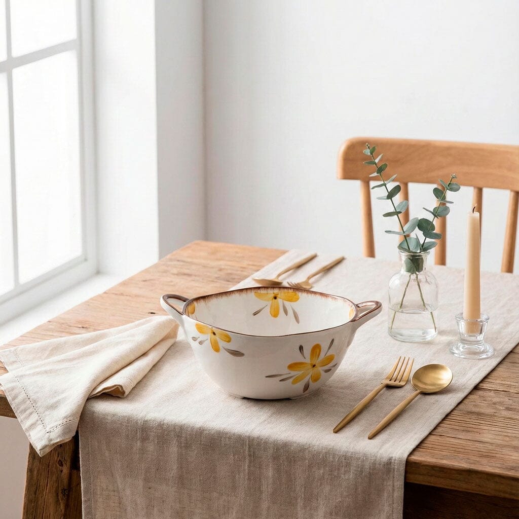 Fuente de Cerámica Floral con Asas Laterales