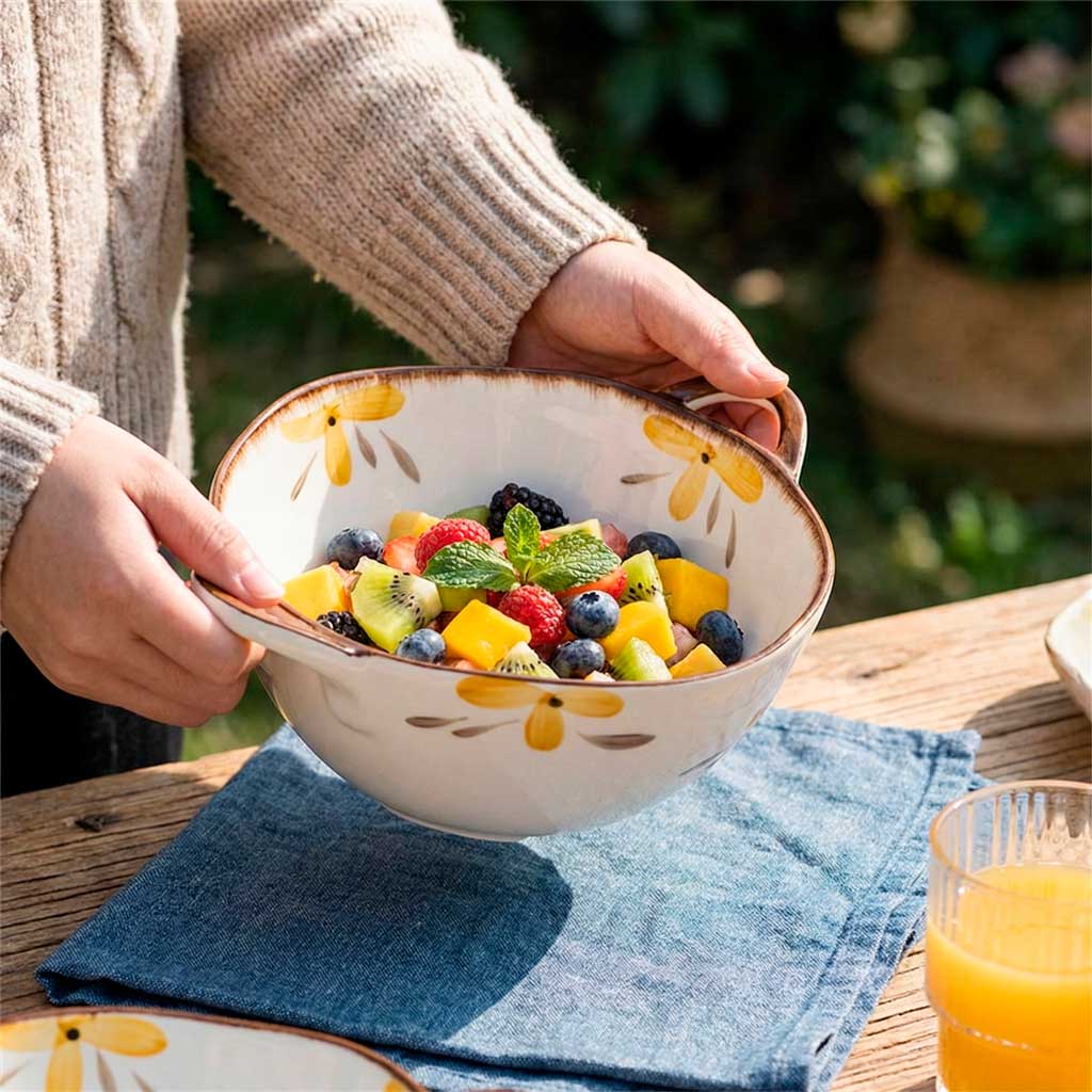 Fuente de Cerámica Floral con Asas Laterales