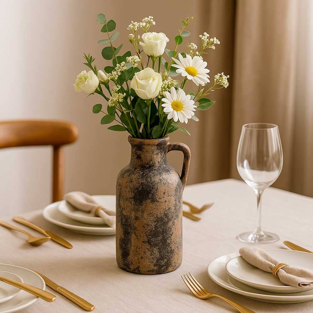 Jarrón de Cerámica Decorativo Rústico con Asa