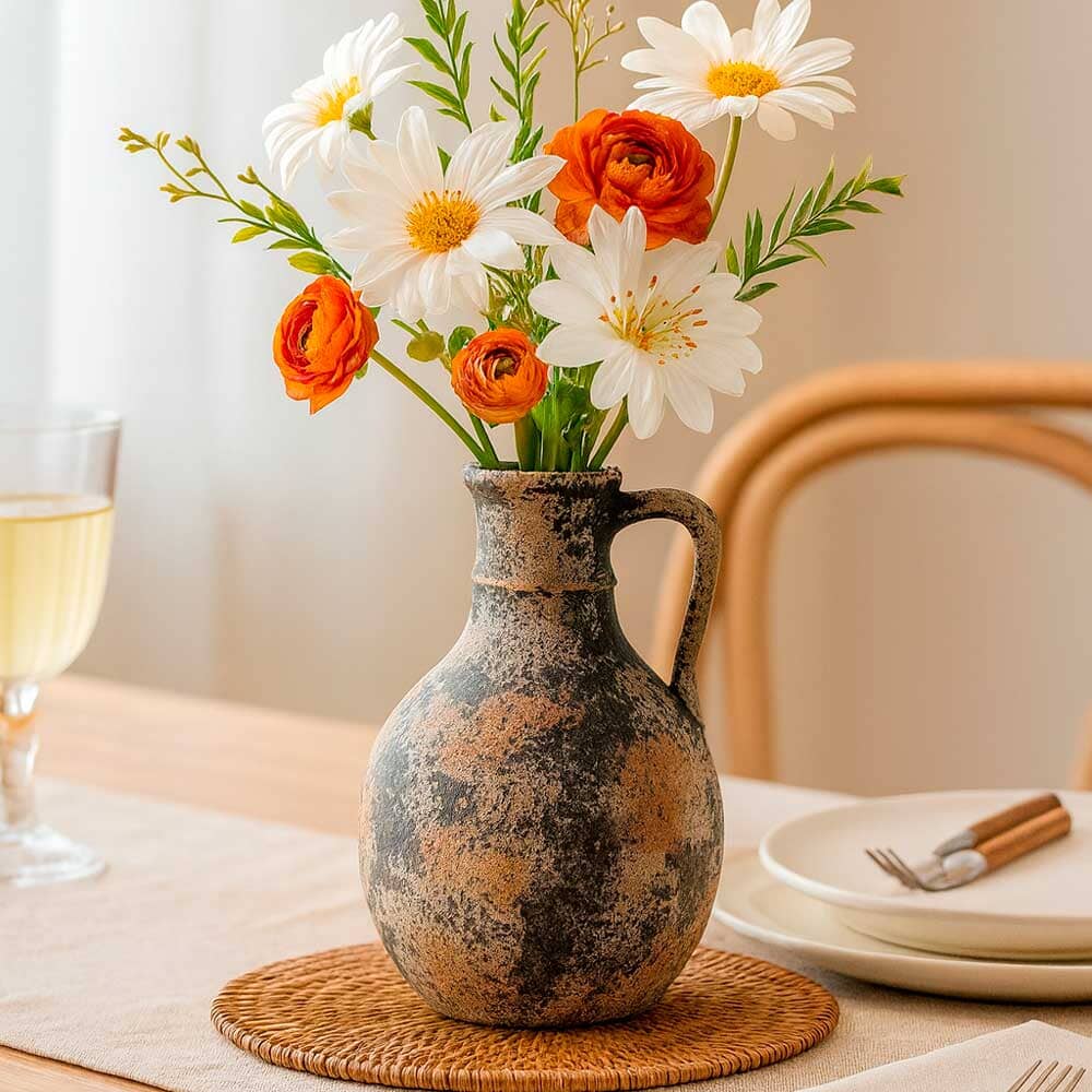 Jarrón de Cerámica Decorativo Rústico con Asa