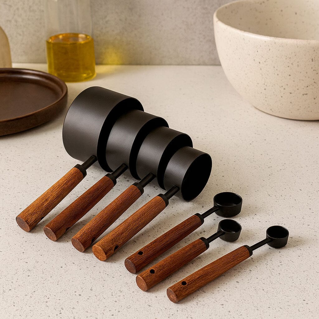Kit de cucharas medidoras de metal con mango de madera