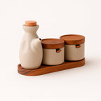 Kit Para Especias De Cerámica Con Tapa De Madera Y Botella 3 Piezas