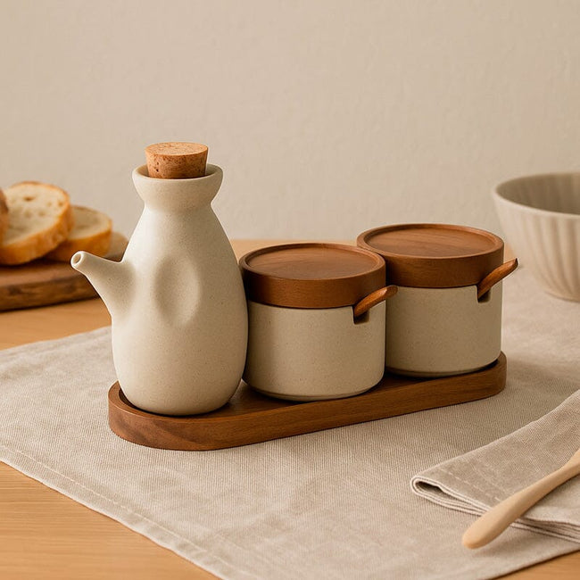 Kit Para Especias De Cerámica Con Tapa De Madera Y Botella 3 Piezas Main Image