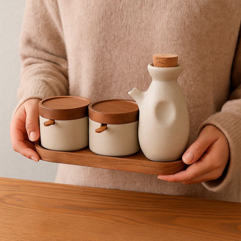 Kit Para Especias De Cerámica Con Tapa De Madera Y Botella 3 Piezas