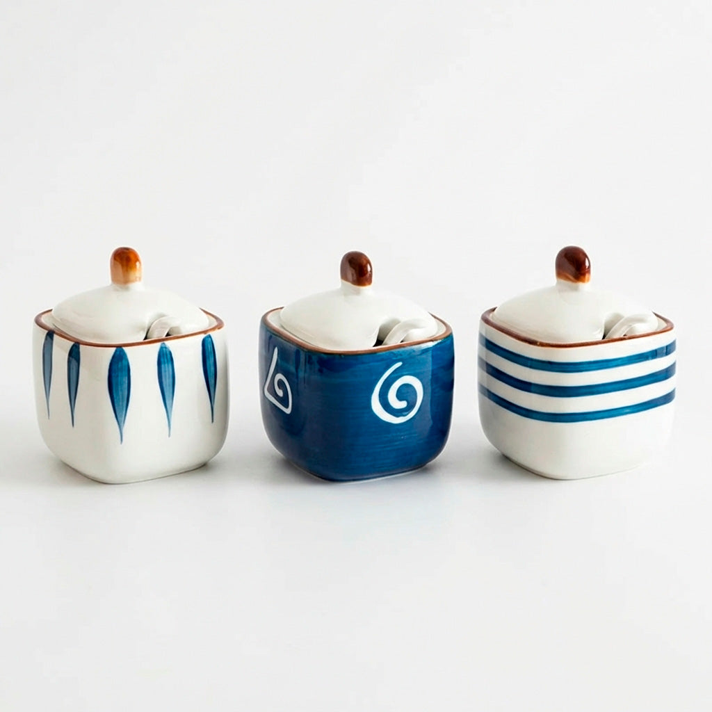 Kit Porta Especias De Cerámica Con Tapa Y Cuchara 3 Piezas
