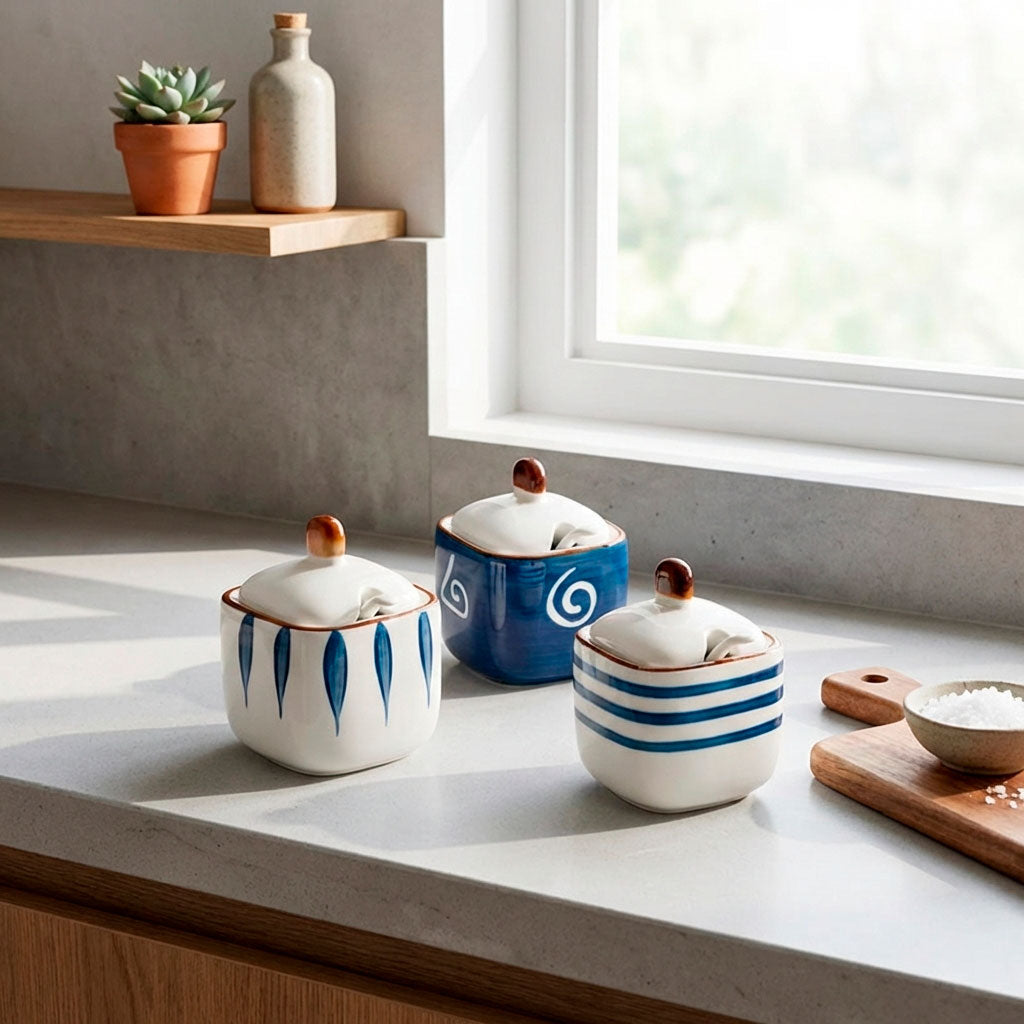 Kit Porta Especias De Cerámica Con Tapa Y Cuchara 3 Piezas