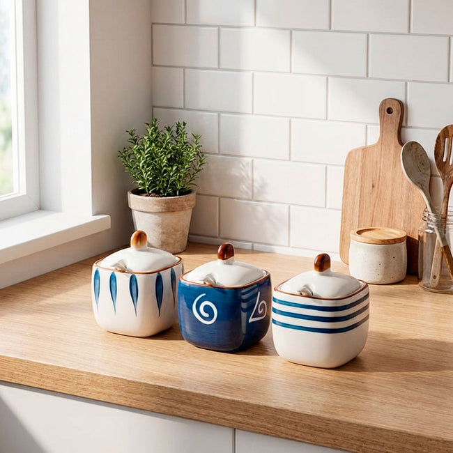 Kit Porta Especias De Cerámica Con Tapa Y Cuchara 3 Piezas Main Image