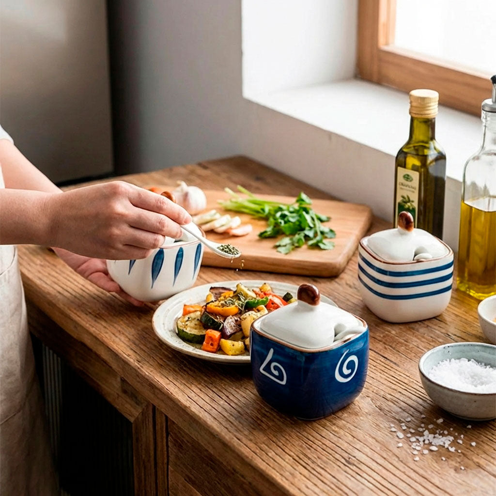 Kit Porta Especias De Cerámica Con Tapa Y Cuchara 3 Piezas