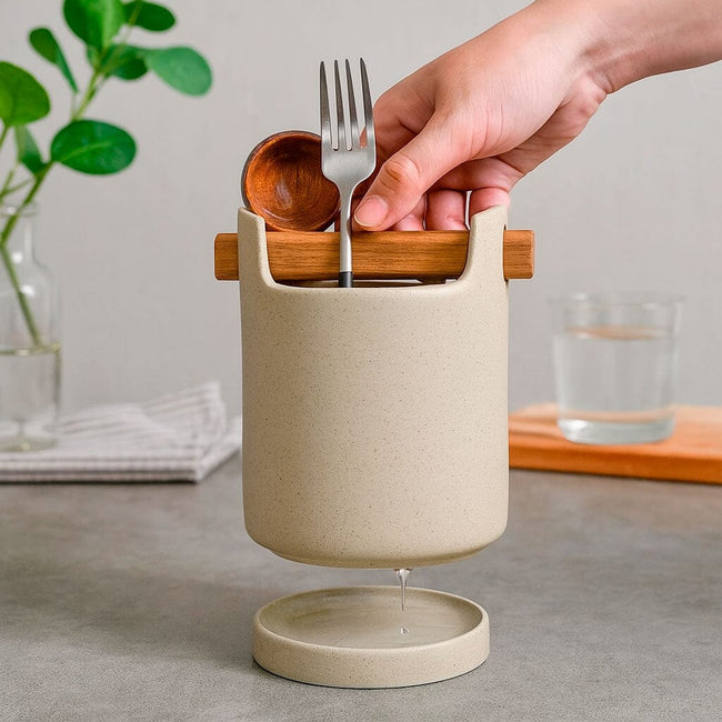 Porta Cubiertos De Cerámica Con Asa De Madera Main Image