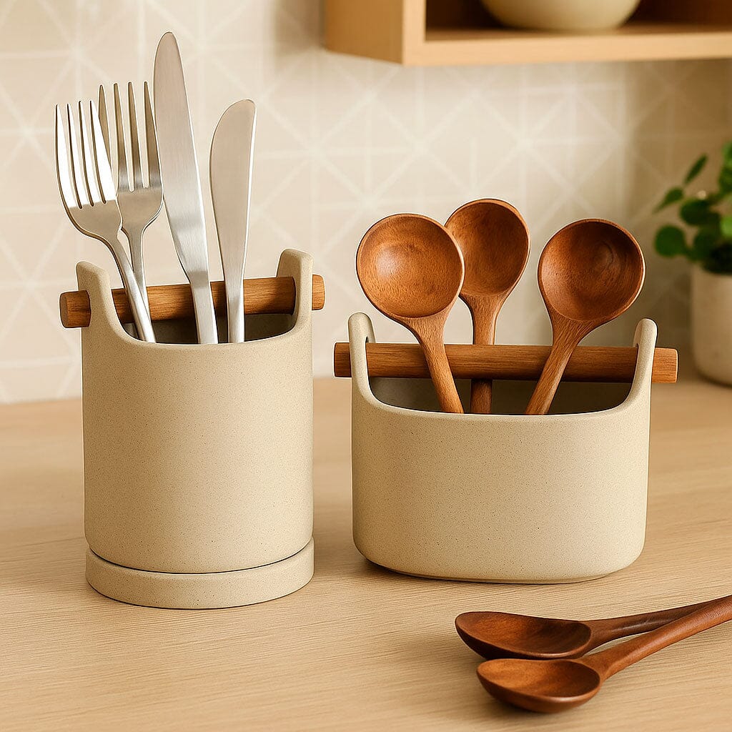 Porta Cubiertos De Cerámica Con Asa De Madera