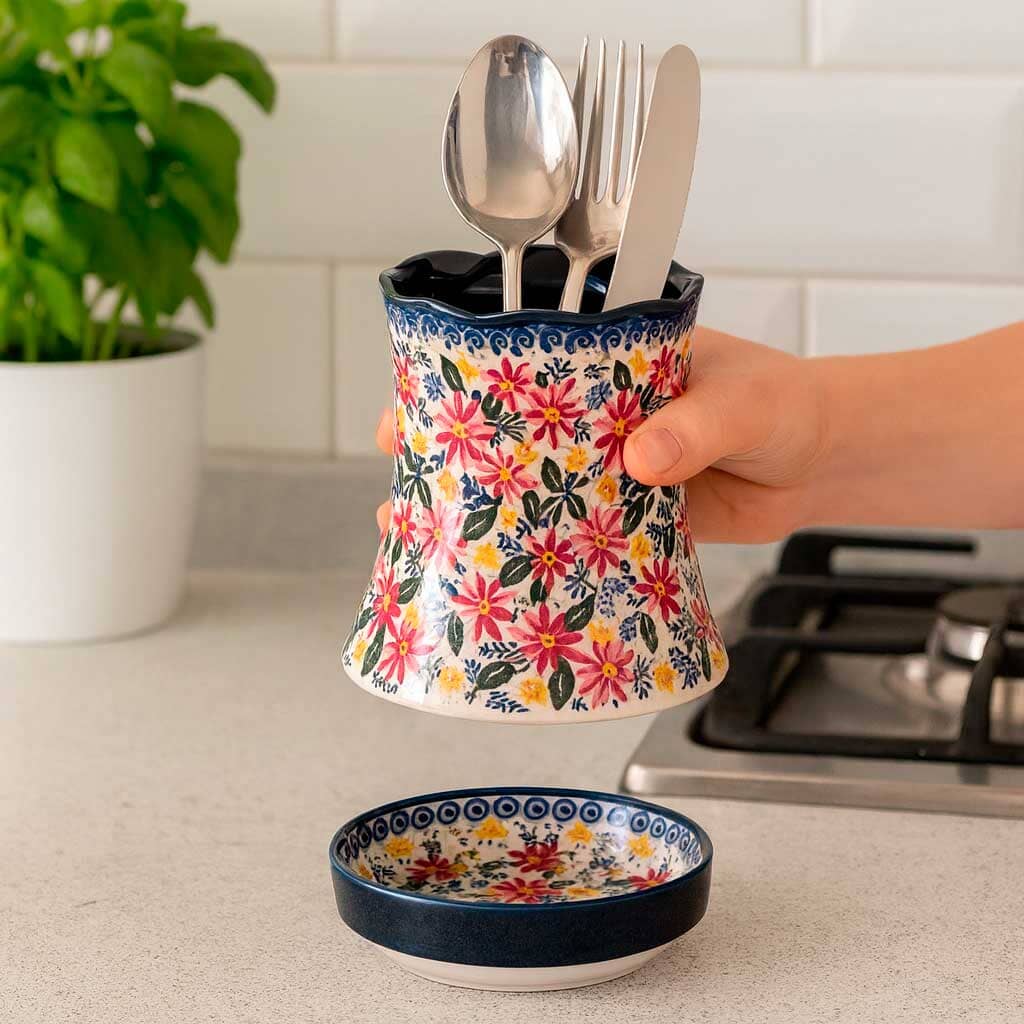 Porta Cubiertos de Cerámica con Base de Drenaje y Diseño Floral