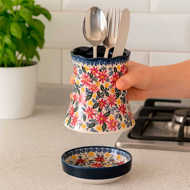 Porta Cubiertos de Cerámica con Base de Drenaje y Diseño Floral Main Image