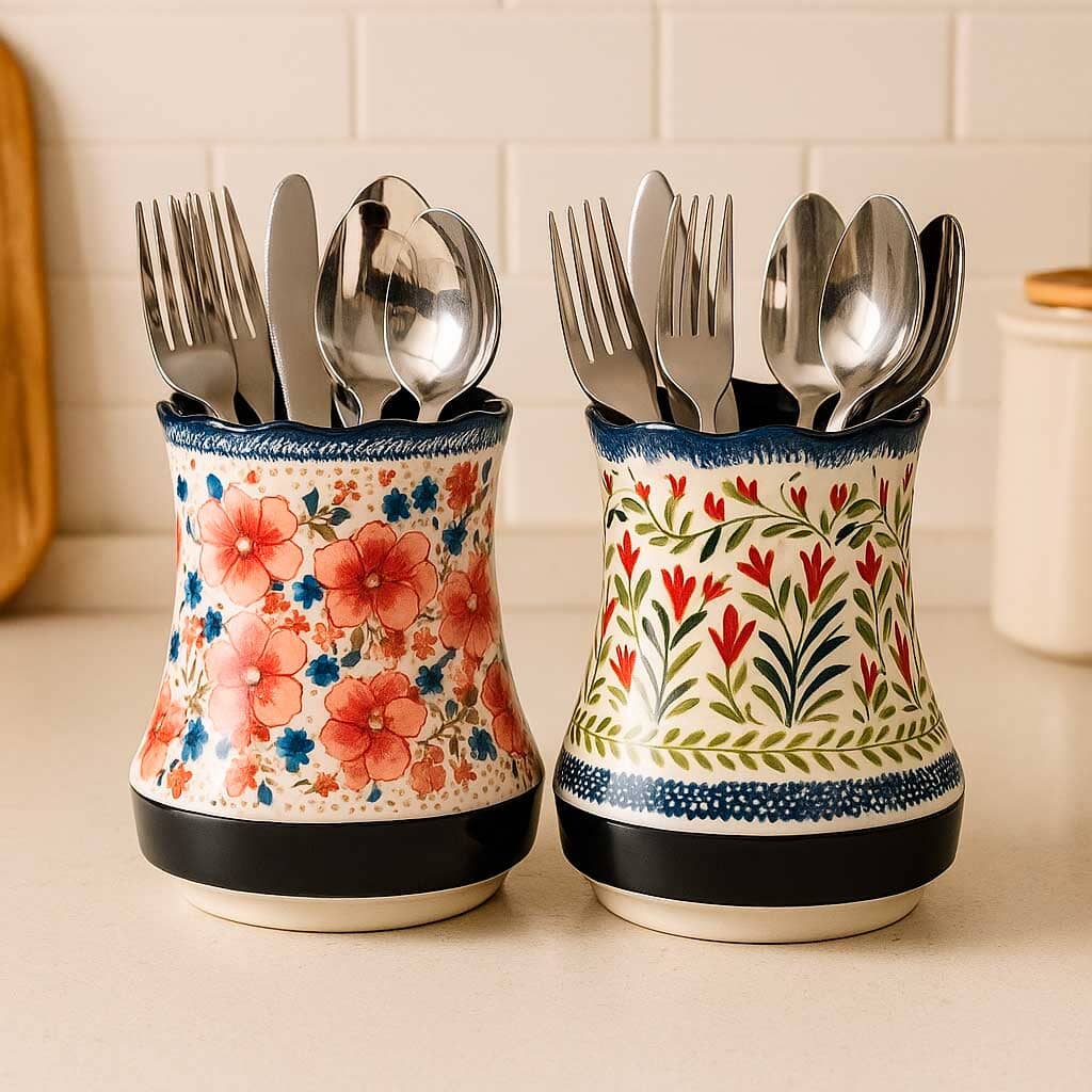 Porta Cubiertos de Cerámica con Base de Drenaje y Diseño Floral