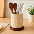 Porta Cubiertos De Cerámica Con Base De Madera Y Drenaje