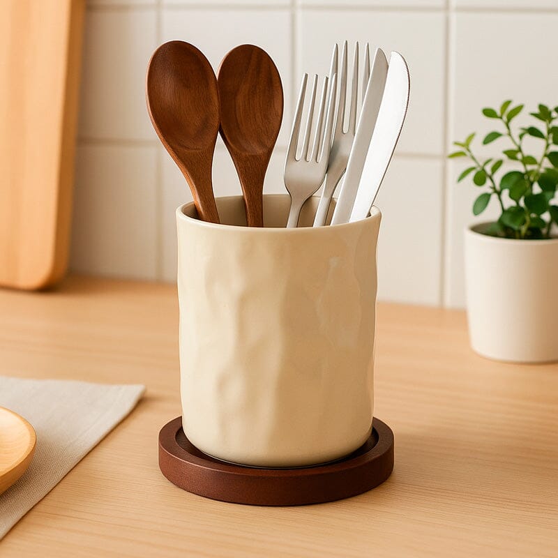 Porta Cubiertos De Cerámica Con Base De Madera Y Drenaje