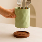 Porta Cubiertos De Cerámica Con Base De Madera Y Drenaje