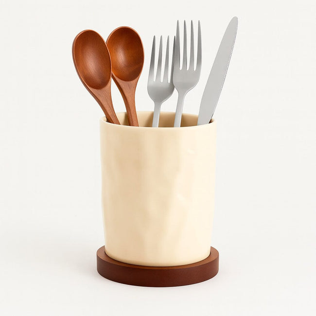 Porta Cubiertos De Cerámica Con Base De Madera Y Drenaje Hover Image