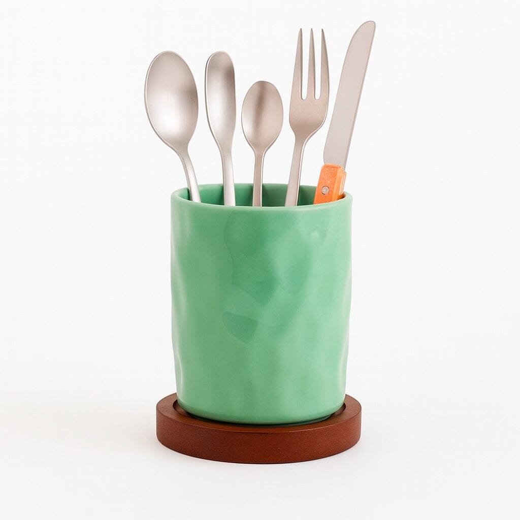 Porta Cubiertos De Cerámica Con Base De Madera Y Drenaje