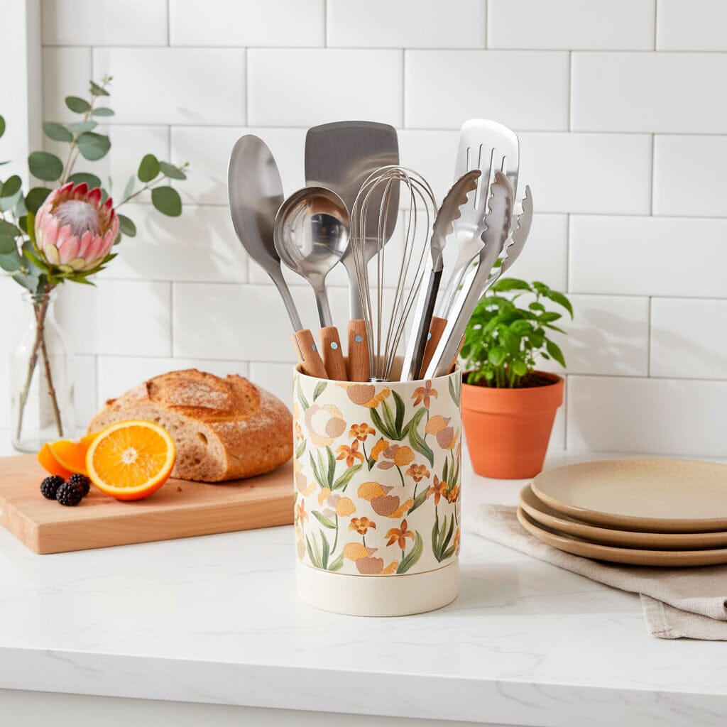 Porta Cubiertos de Cerámica con Diseño Floral