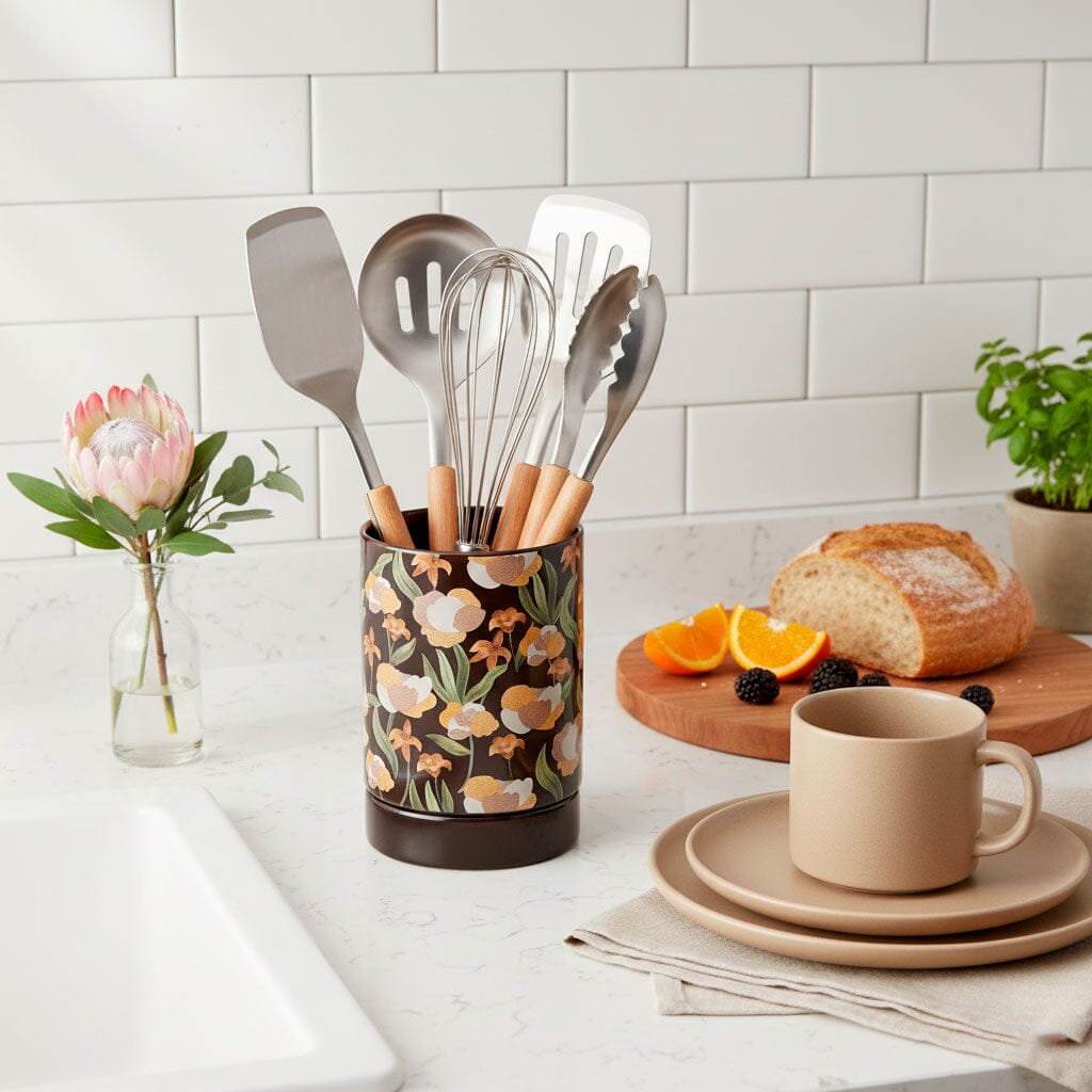 Porta Cubiertos de Cerámica con Diseño Floral