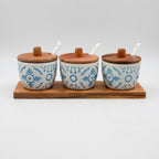 Porta Especias De Cerámica Con Tapa De Madera Y Bandeja Kit De 3 Piezas