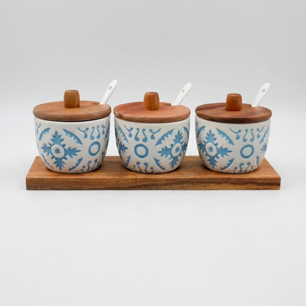 Porta Especias De Cerámica Con Tapa De Madera Y Bandeja Kit De 3 Piezas