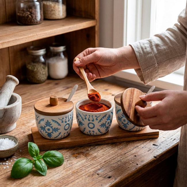 Porta Especias De Cerámica Con Tapa De Madera Y Bandeja Kit De 3 Piezas Main Image