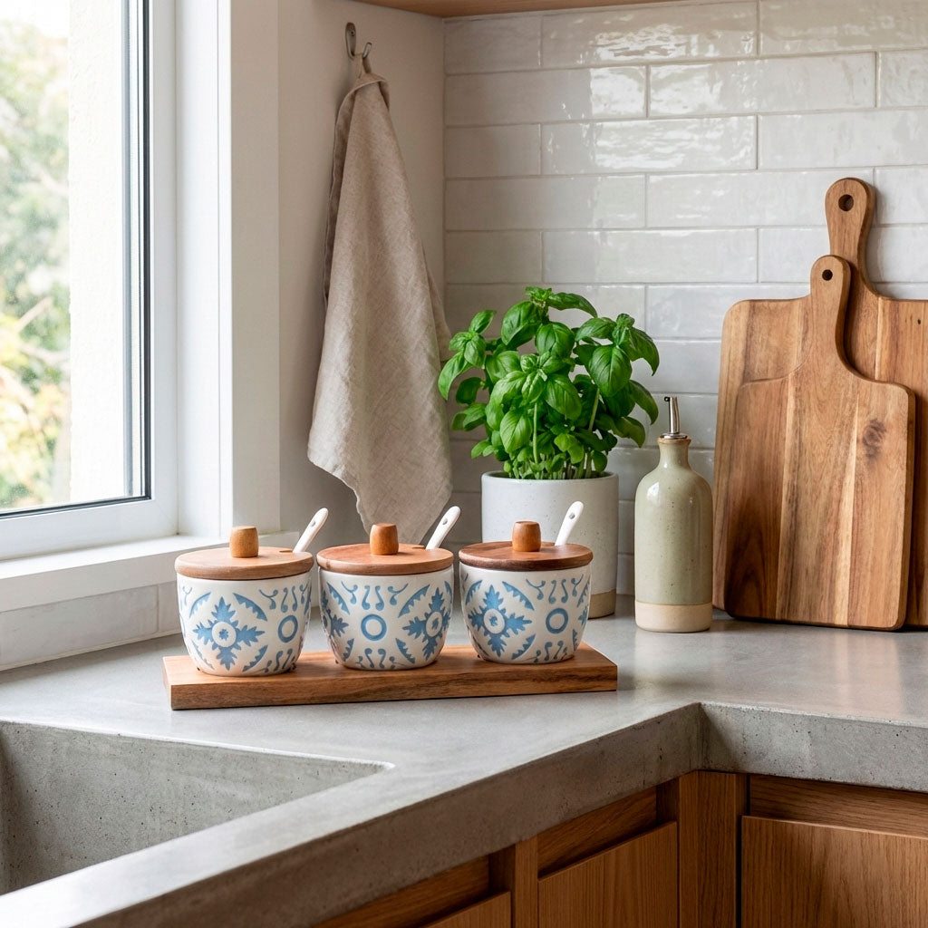 Porta Especias De Cerámica Con Tapa De Madera Y Bandeja Kit De 3 Piezas