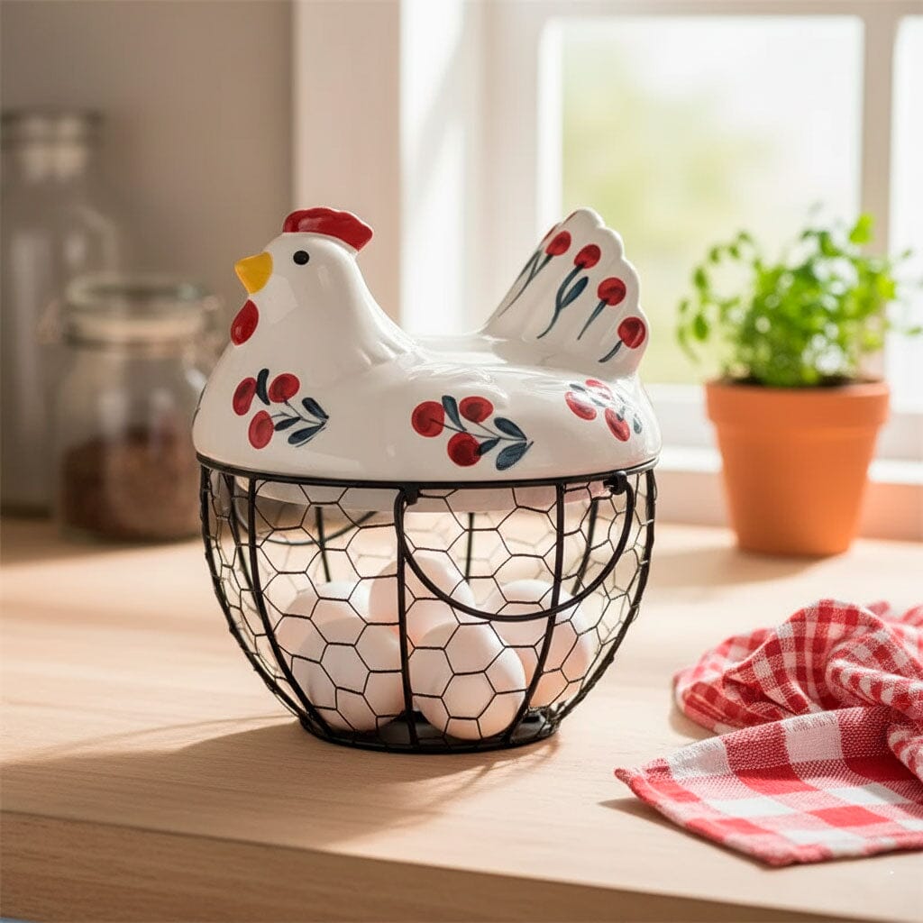 Portahuevos de Cerámica y Metal en Forma de Gallina