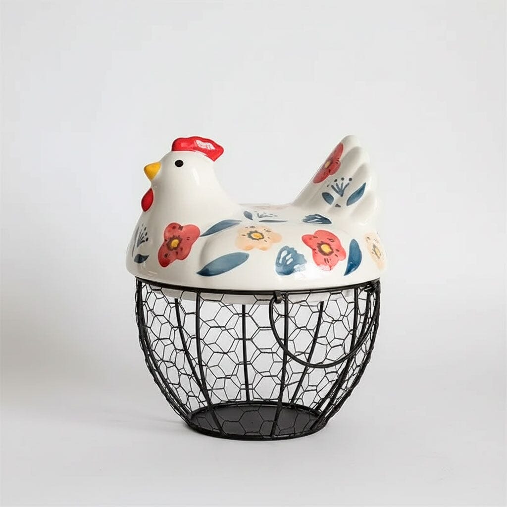 Portahuevos de Cerámica y Metal en Forma de Gallina