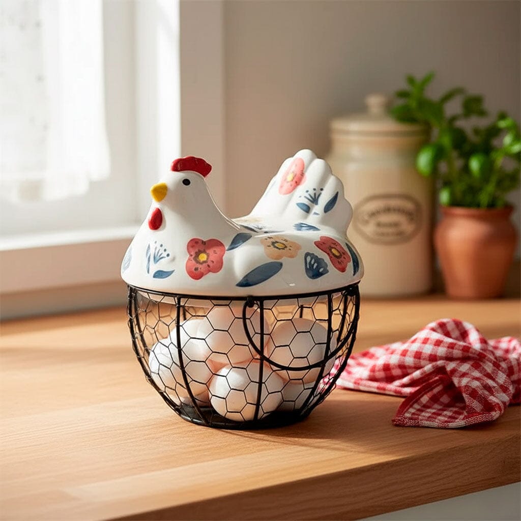 Portahuevos de Cerámica y Metal en Forma de Gallina