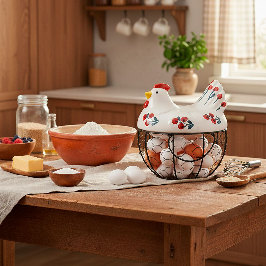 Portahuevos de Cerámica y Metal en Forma de Gallina