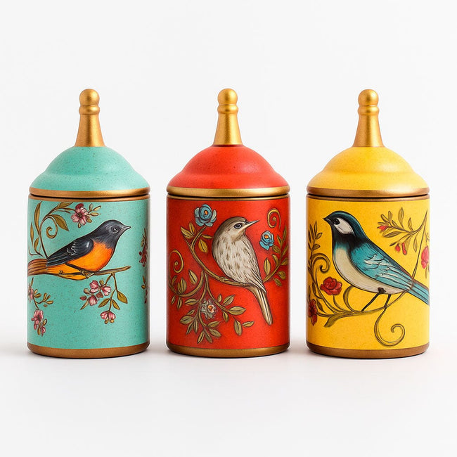 Pote De Cerámica Decorativo Con Tapa Y Estampado De Pájaros Hover Image
