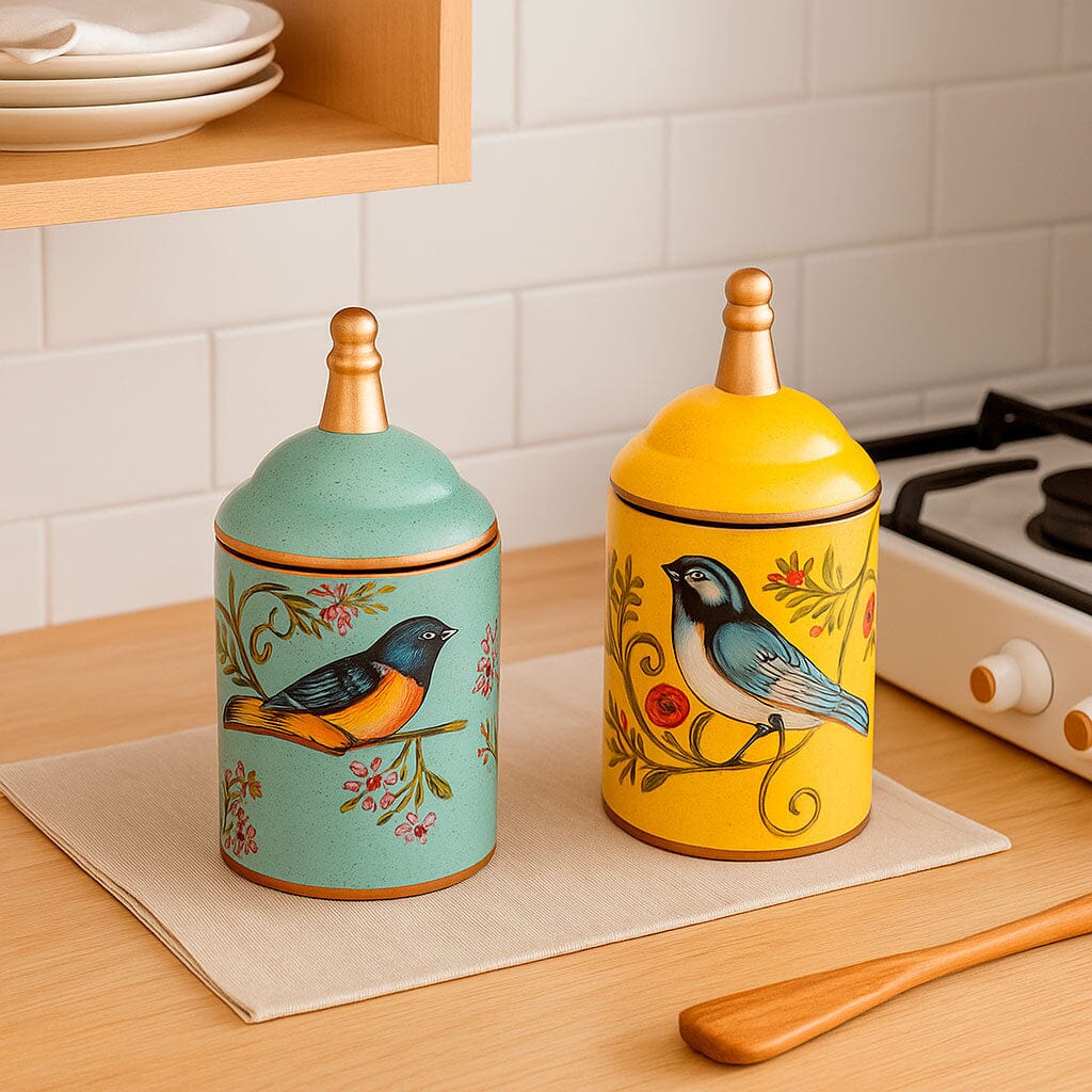 Pote De Cerámica Decorativo Con Tapa Y Estampado De Pájaros