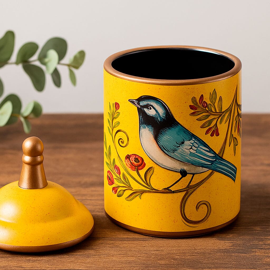 Pote De Cerámica Decorativo Con Tapa Y Estampado De Pájaros