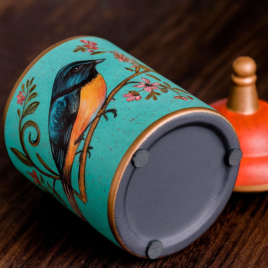 Pote De Cerámica Decorativo Con Tapa Y Estampado De Pájaros