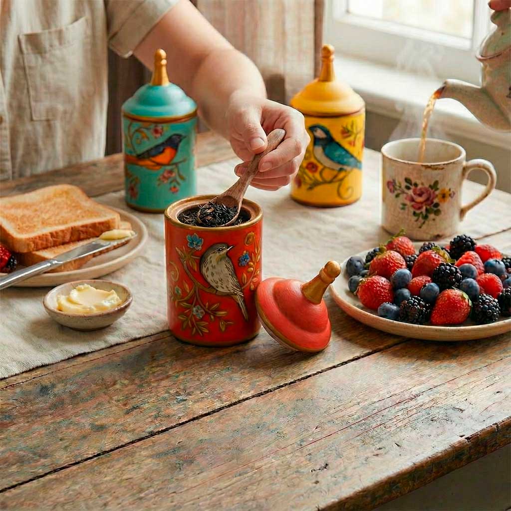 Pote De Cerámica Decorativo Con Tapa Y Estampado De Pájaros